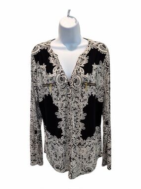 INC International Concepts Black & White Lace Print Blouse size large